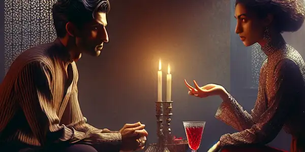 A dimly lit room with two characters engaged in a passionate conversation, surrounded by intimate decor and romantic elements.