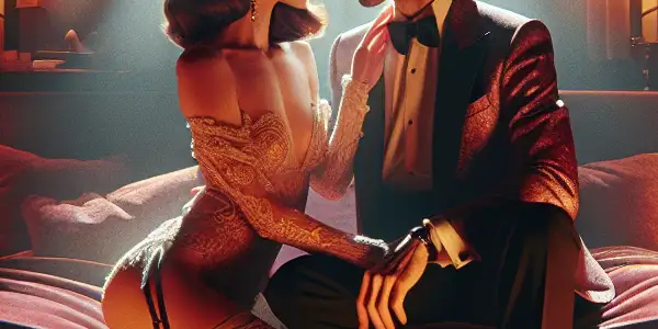 A stylish couple shares a romantic moment in a luxurious, dimly lit room with Japanese aesthetic elements.