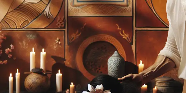 A serene massage room with a confident therapist and a relaxed client, surrounded by candles and cherry blossoms.