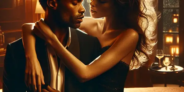 A passionate couple entwined in a luxurious bedroom, surrounded by intimate details suggesting a secret affair.