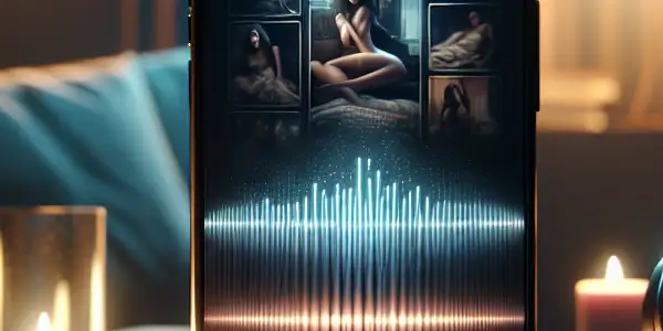 A cozy, intimate setting featuring a smartphone displaying erotic audiobooks and films, surrounded by romantic elements.