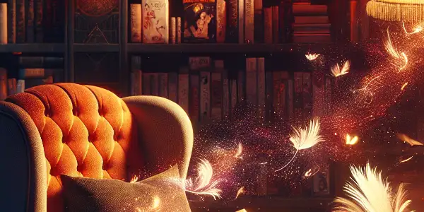 A cozy, dimly-lit room with a plush armchair, open book, and shelves of erotic literature and films.