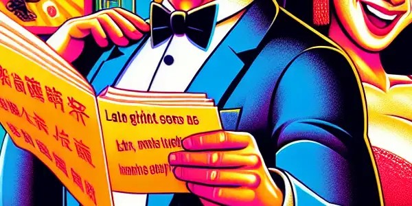 A playful cartoon scene featuring a cheerful male adult film star and a blushing female actress in a cozy living room.