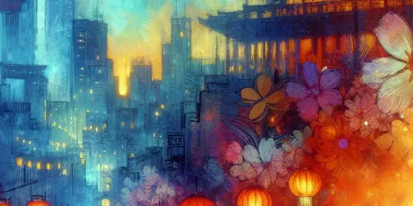 A romantic scene blending Eastern and Western erotic cinema, featuring a couple in an intimate moment amidst cherry blossoms and a European cityscape.