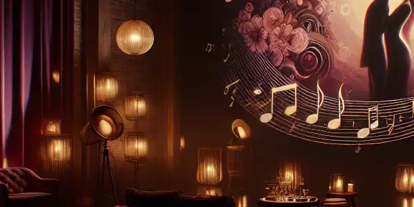 A dimly lit room with a vintage record player, ambient lighting, and abstract silhouettes, evoking sensuality and desire.<a href=