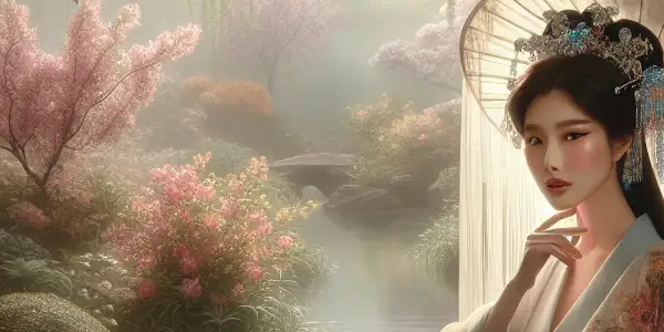 A serene spring landscape featuring a graceful Chinese female model amidst blooming flowers and gentle sunlight.