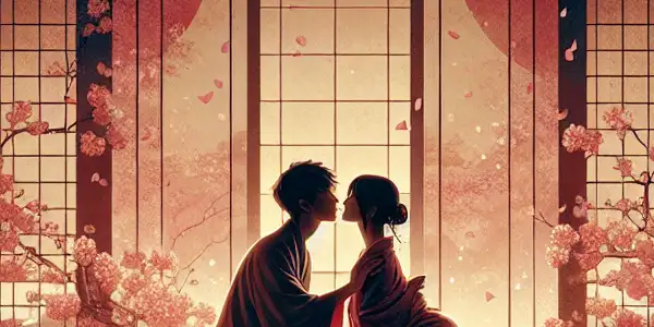 A couple shares a tender moment in a serene Japanese room adorned with cherry blossoms.