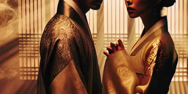 A dimly lit room with two characters in a charged conversation, surrounded by traditional Korean decor and atmospheric elements.