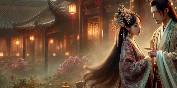 An intimate couple in traditional Hanfu shares a romantic moment in a lush, atmospheric ancient Chinese courtyard.