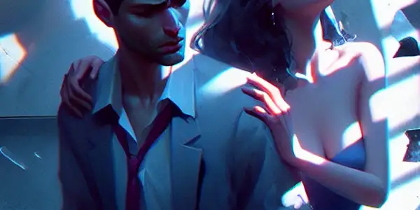 A dimly lit room with a couple expressing confusion and anguish, surrounded by shadows and symbols of emotional turmoil.