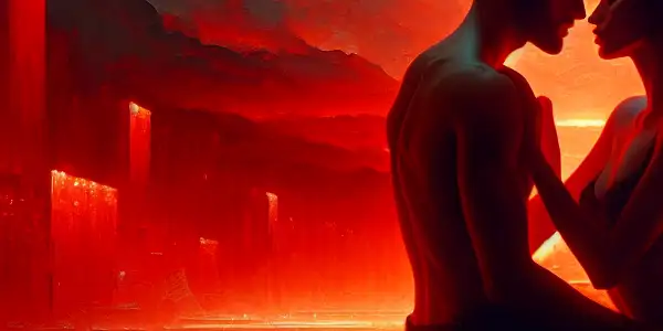 A passionate scene featuring two characters in an intimate moment, illuminated by warm red hues against an urban-natural backdrop.