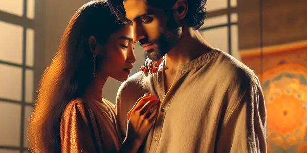 A diverse couple sharing a tender moment in a stylish, warmly lit apartment, embodying romance and intimacy.