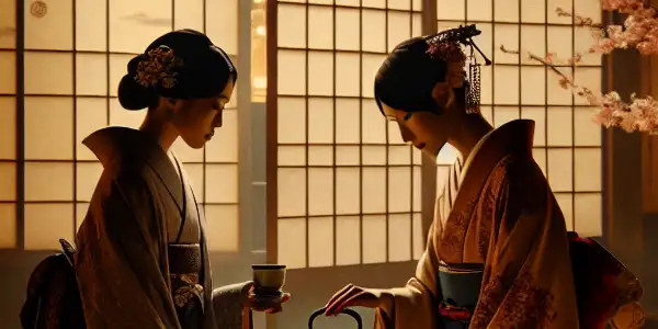 A dimly lit Japanese room with two figures in intimate connection, showcasing longing and ritualistic elements.