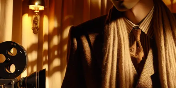 A charismatic male figure in a dimly lit room, embodying allure and mystery with vintage film elements.