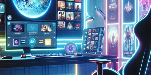 A sleek computer screen displays colorful thumbnails of adult films in a cozy, cyberpunk-inspired room.
