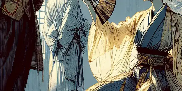 A tense, intimate scene between elegantly dressed characters, highlighting desire and conflict in a dimly lit room.