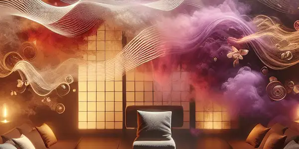 A cozy, intimate listening space with sound waves, whispering lips, and cultural Japanese elements, evoking sensual audio experiences.