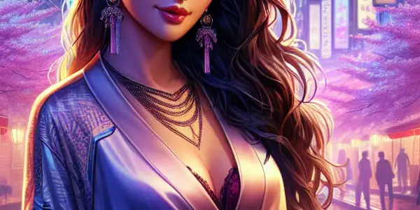A stylish young woman stands confidently in a romantic neon-lit cityscape, embodying adventure and allure.