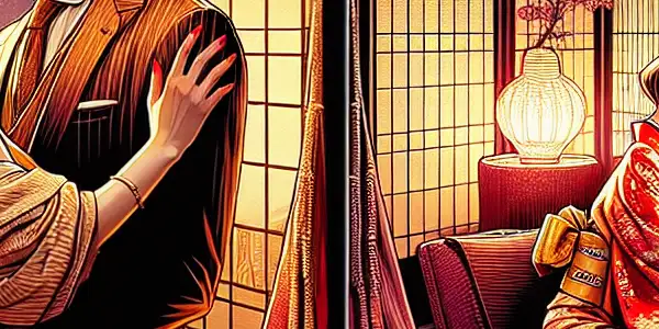 A passionate couple in an opulent room, blending Western and Japanese erotic elements with elegant attire and intimate decor.