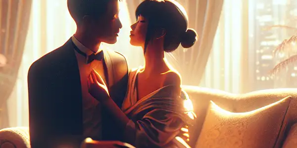 A cozy, softly lit room with a couple sharing a tender embrace, surrounded by romantic decor and warm colors.