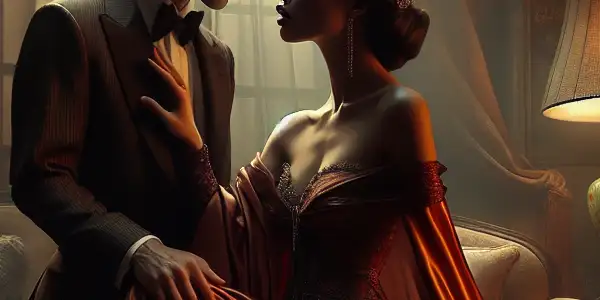 An intimate scene of a couple in a dimly lit room, surrounded by erotic storytelling materials.