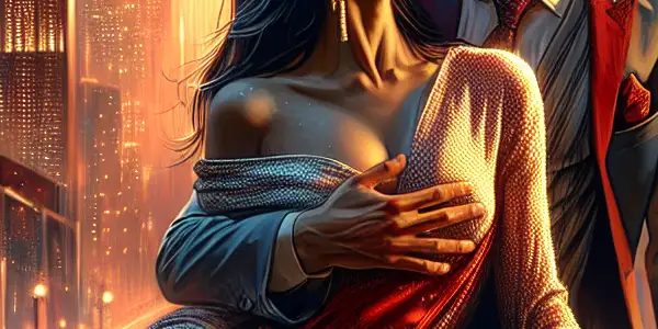 A passionate couple embraces in a modern urban setting at twilight, surrounded by city lights and cherry blossoms.