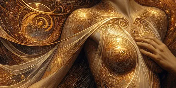 A sensual nude female figure adorned in gold, surrounded by swirling decorative motifs in a dreamlike atmosphere.