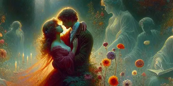 A romantic twilight garden scene featuring an intimate couple, symbolizing desire and literary allure amidst wildflowers and mist.